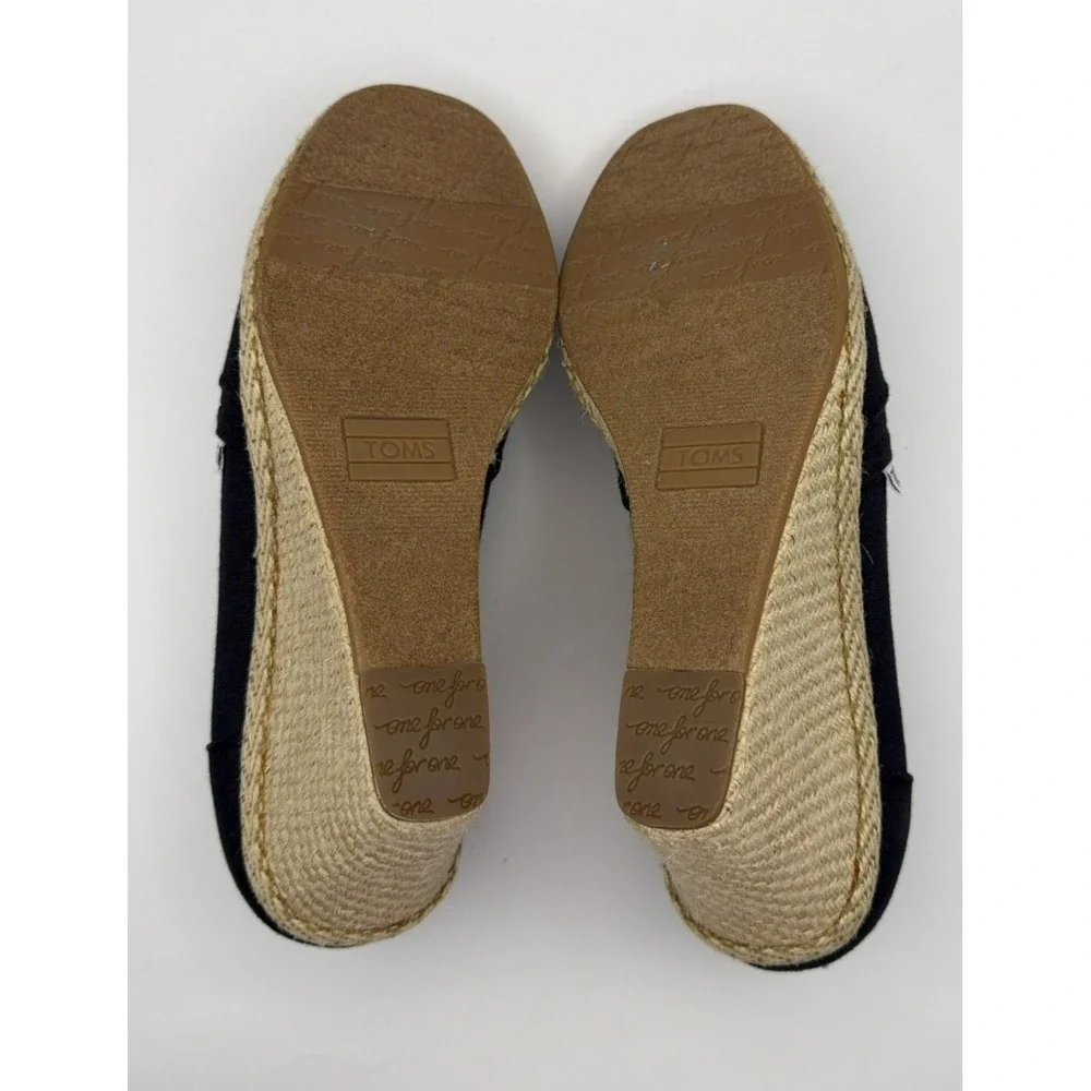 TOMS Womens 7.5 Black Canvas Peep Toe Espadrille Wedge Heels Slip On Shoes